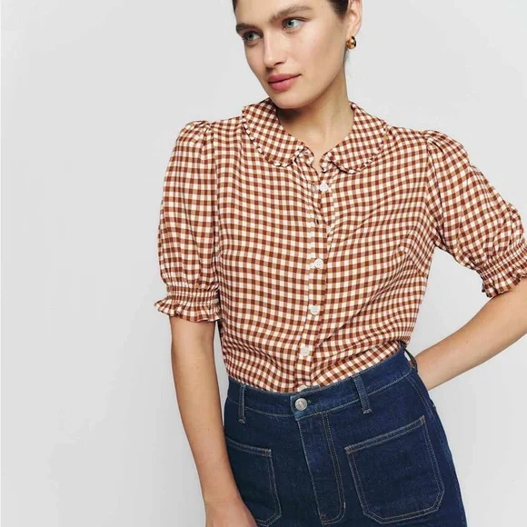 Reformation Kalila  Brown and White Checkered Top - Picture 7 of 9